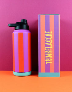 Ava & Yves Trinkflasche Stripes Fuchsia/Feuerrot/Petrol – 1 Liter Edelstahlflasche mit Sportverschluss, vakuumisoliert.