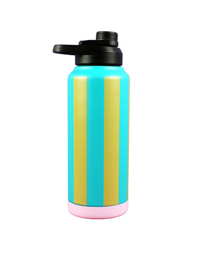 Ava & Yves Trinkflasche Stripes Petrol/Olive-Gold/Flieder – 1 Liter Edelstahlflasche mit Sportverschluss, vakuumisoliert.