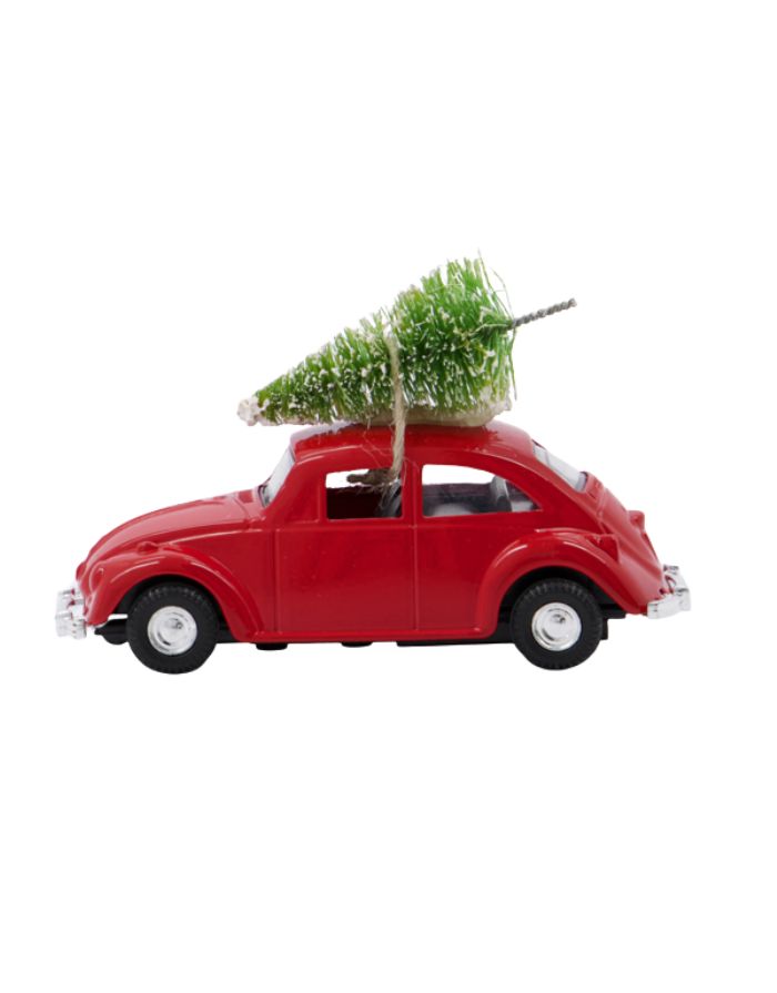 House Doctor Xmas Car in Rot – größeres nostalgisches Auto mit Baum als Weihnachtsdekoration.
