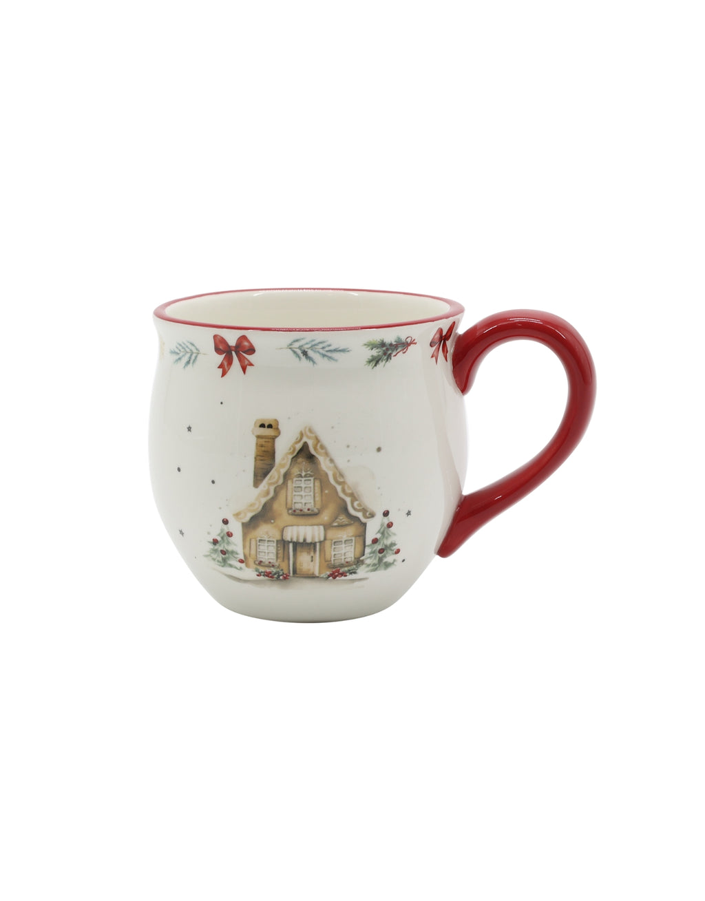 Becher Chalet de Noël von Chic Antique in Cherry, nostalgischer Weihnachtsbecher aus Keramik mit winterlichem Lebkuchenhausmotiv, rotem Henkel und dekorativer Tannenzweigbordüre