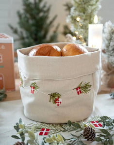 Beiger Brotbeutel „Dansk Jul“ aus Baumwolle mit Stickerei von Det Gamle Apotek – skandinavisches Design für Küche und Frühstückstisch.