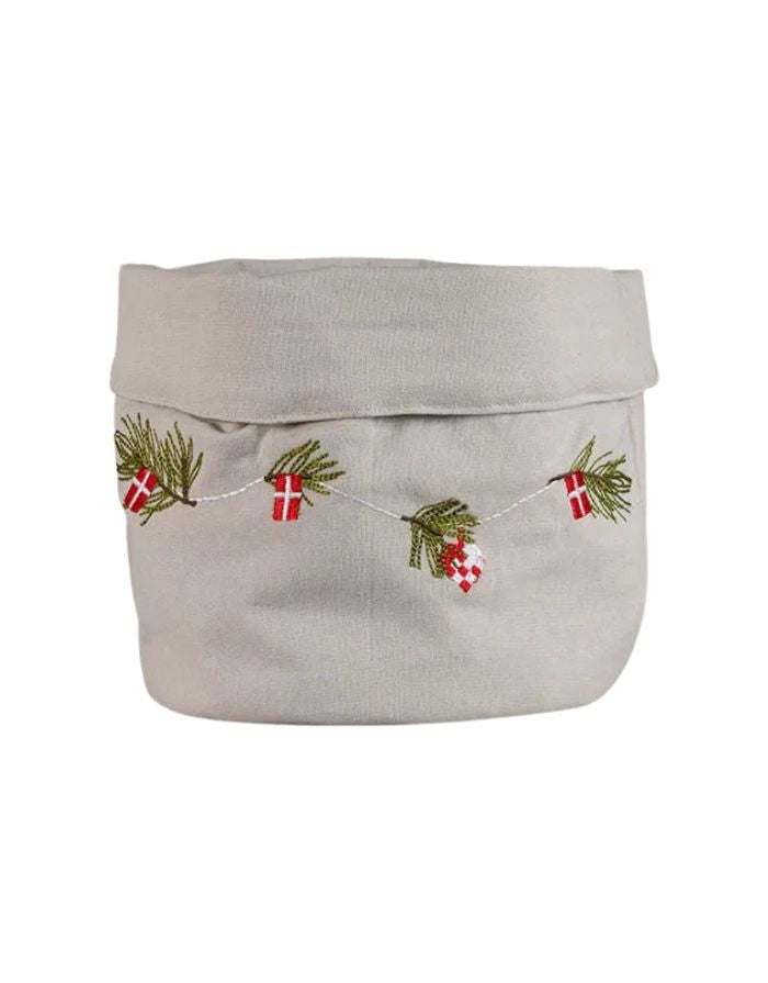 Beiger Brotbeutel „Dansk Jul“ aus Baumwolle mit Stickerei von Det Gamle Apotek – skandinavisches Design für Küche und Frühstückstisch.