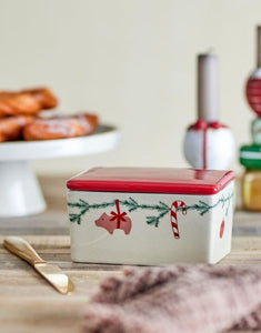 Bloomingville Butterdose Yule Natur mit rotem Deckel – Weihnachtsdesign aus Steingut