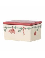 Laden Sie das Bild in den Galerie-Viewer, Bloomingville Butterdose Yule Natur mit rotem Deckel – Weihnachtsdesign aus Steingut
