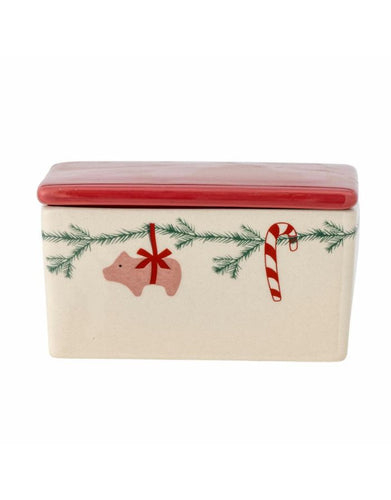Bloomingville Butterdose Yule Natur mit rotem Deckel – Weihnachtsdesign aus Steingut
