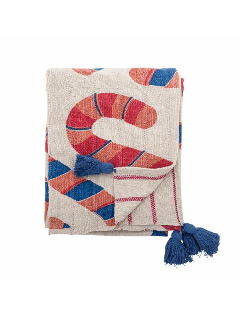 Bunte Candice Decke von Bloomingville in Beige mit geschwungenem Muster in Rot, Blau und Orange sowie blauen Quasten.