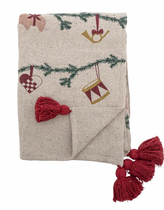 Bloomingville Decke Yule Natur aus recycelter Baumwolle – Weihnachtsmotiv