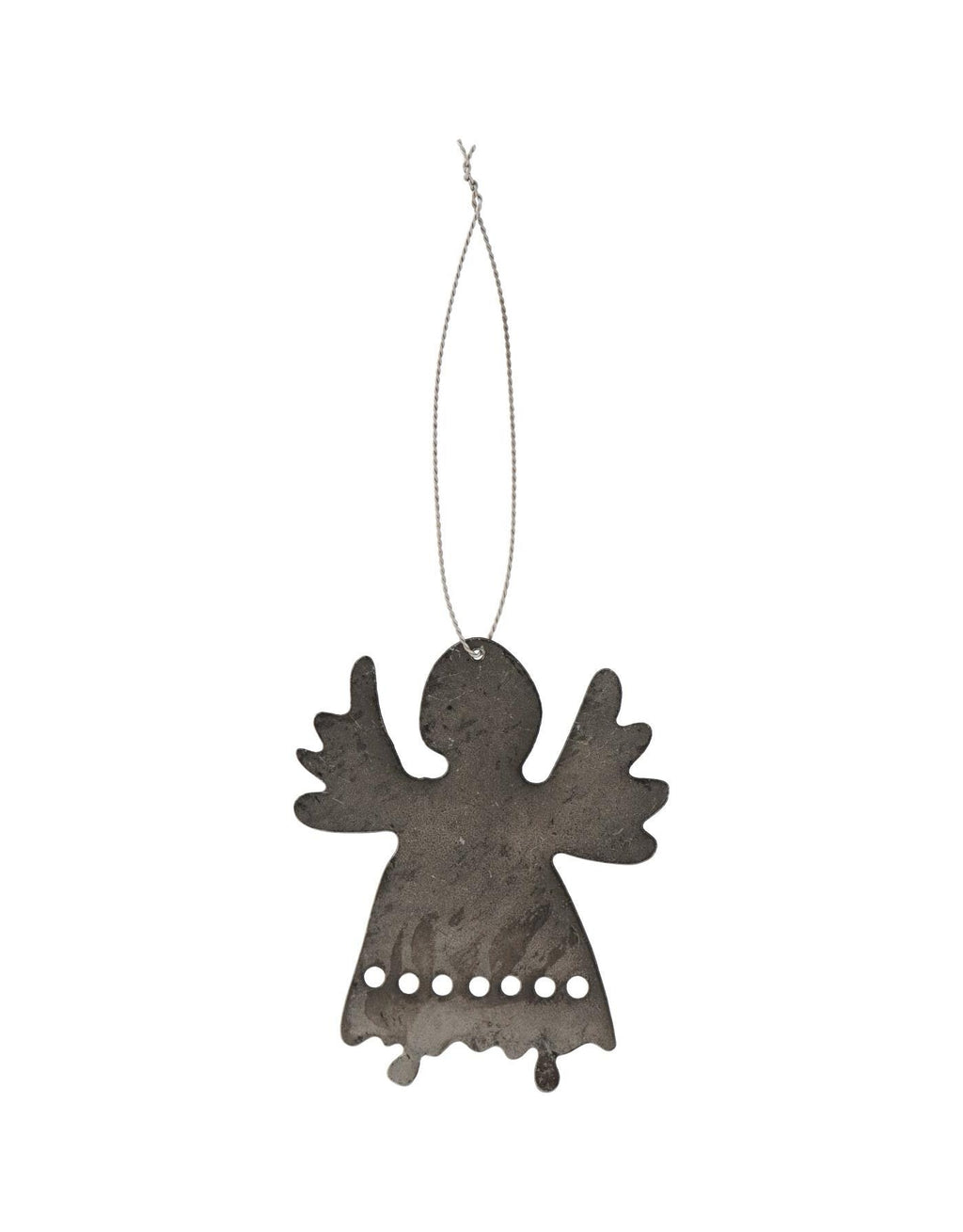 Silberfarbener Engel Eira zum Aufhängen von Stillenat by Ib Laursen aus filigranem Metall mit breiten Flügeln und ausgeschnittenen Details, 10 cm hoch.