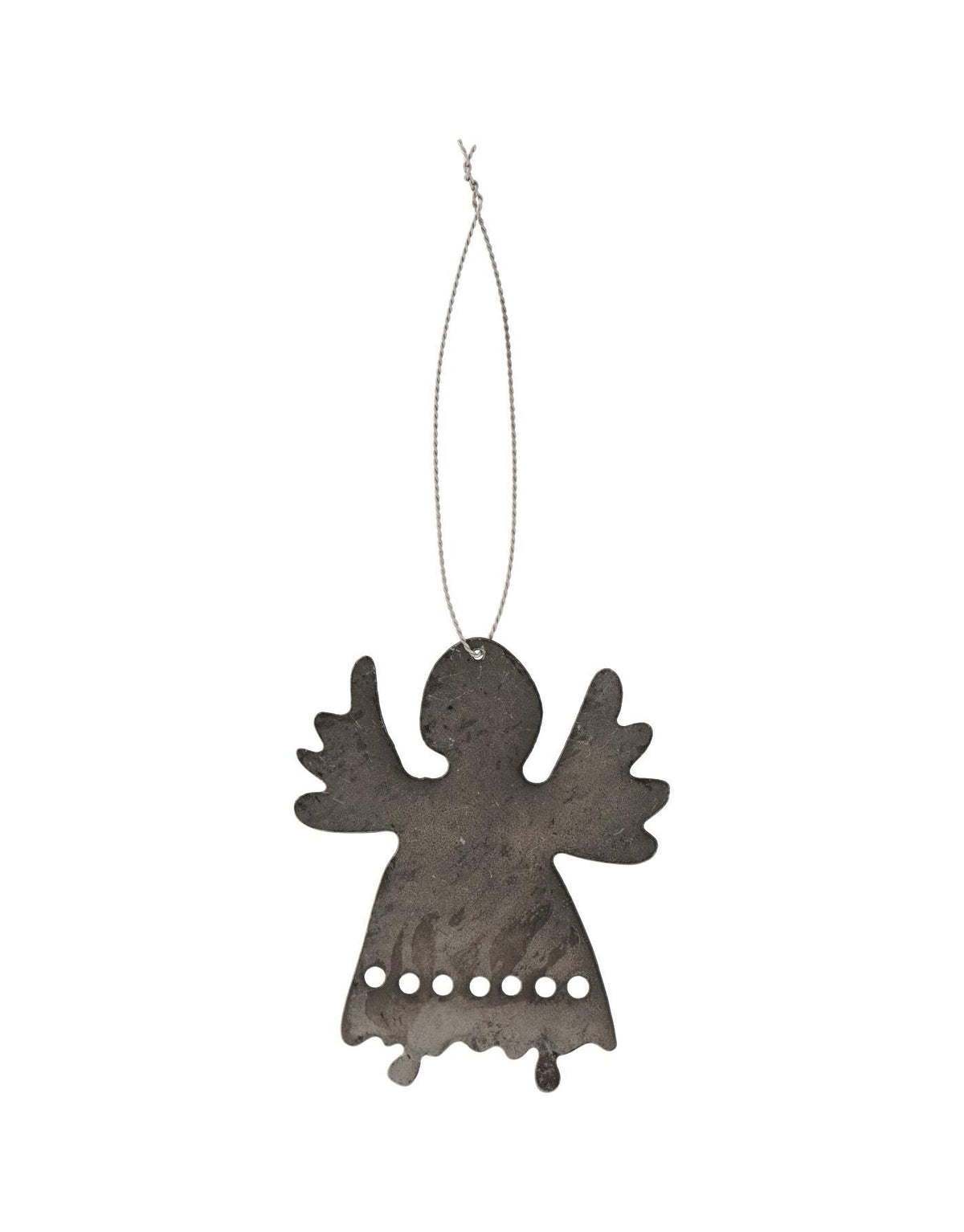 Silberfarbener Engel Eira zum Aufhängen von Stillenat by Ib Laursen aus filigranem Metall mit breiten Flügeln und ausgeschnittenen Details, 10 cm hoch.