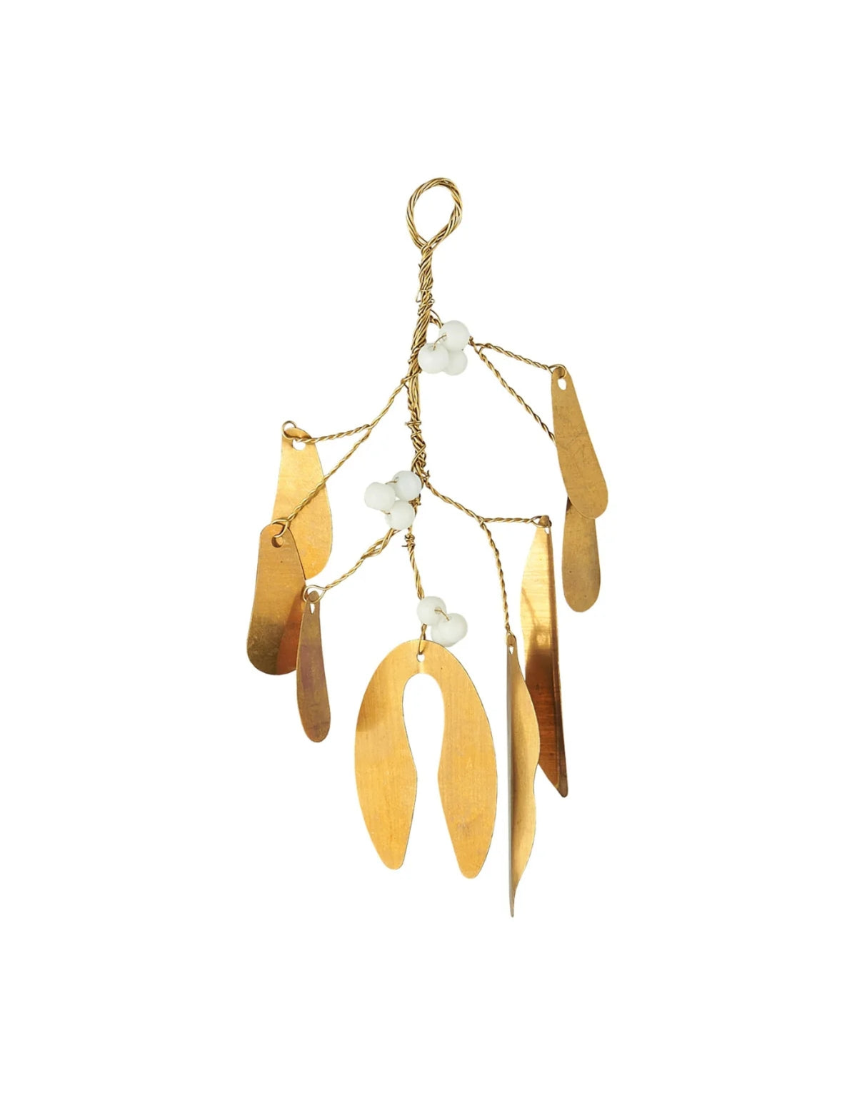 Filigraner Mistelzweig-Anhänger Gloria von Ib Laursen aus echtem Messing in Antik Gold mit dekorativen weißen Perlen, 15 cm hoch.