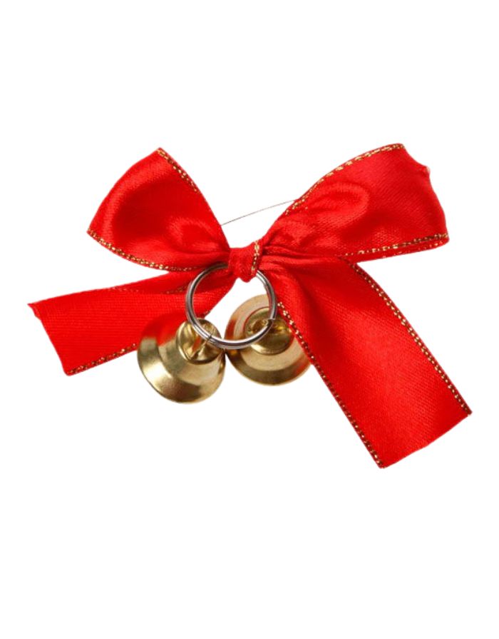 Brosche mit roter Schleife und goldenen Glöckchen von Det Gamle Apotek – festliche Anstecknadel für Weihnachten.