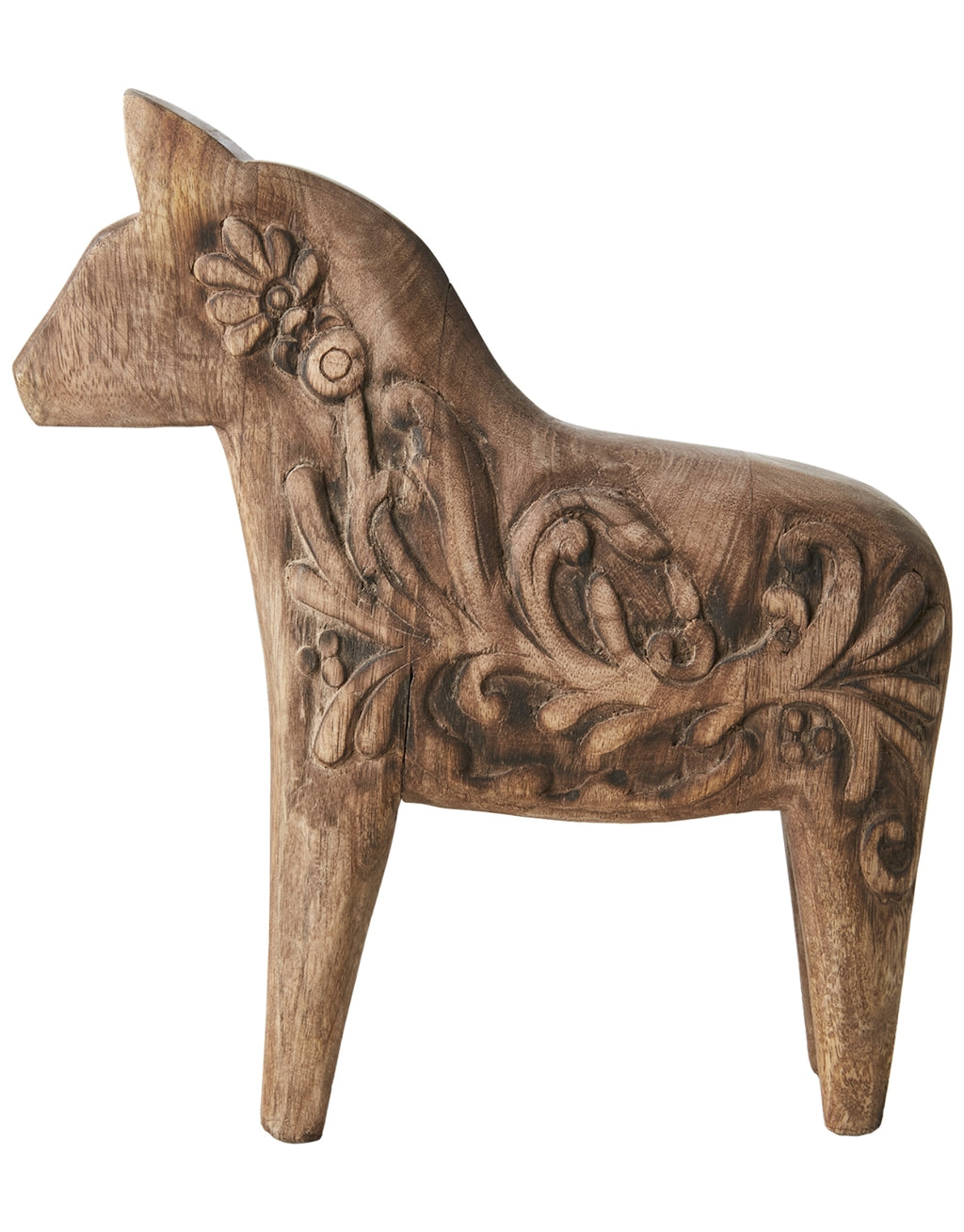 Braunes Fale Deko-Pferd von Affari of Sweden aus handgefertigtem Mangoholz im traditionellen skandinavischen Stil, 30 cm hoch.