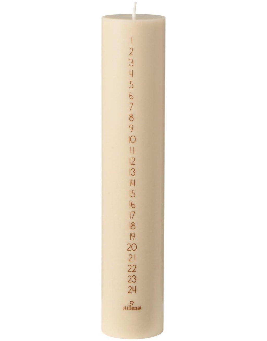 Beige Kalenderkerze von Ib Laursen mit Zahlen von 1 bis 24, aus 90 % Stearin und 10 % Paraffin, 25 cm hoch und 5 cm im Durchmesser.