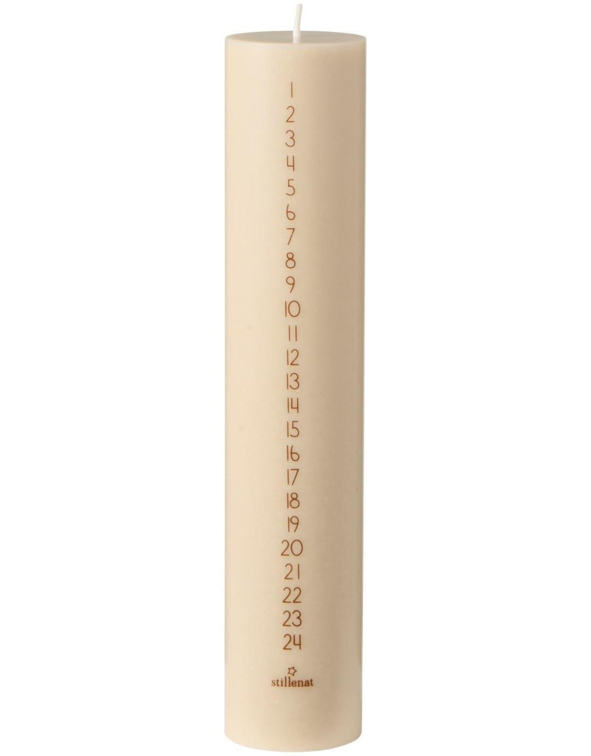 Beige Kalenderkerze von Ib Laursen mit Zahlen von 1 bis 24, aus 90 % Stearin und 10 % Paraffin, 25 cm hoch und 5 cm im Durchmesser.