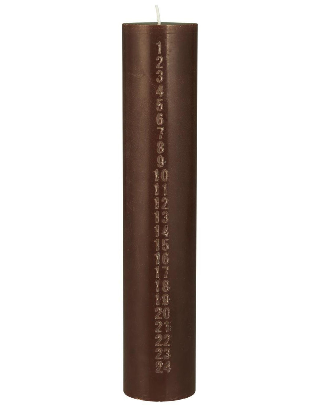 Weihnachtskerze von Ib Laursen in der Farbe Hazelnut mit eingeprägten Zahlen von 1 bis 24, aus Stearin, 30 cm hoch und mit Nordischem Umweltzeichen zertifiziert.