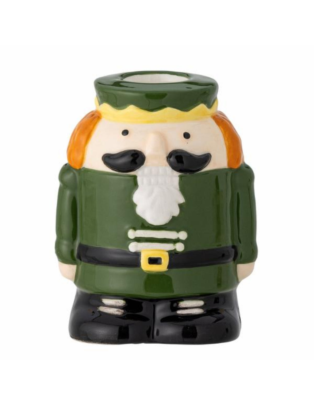 Bunter Feast Kerzenhalter von Bloomingville aus Steingut in Form einer festlichen Nussknackerfigur mit glänzender Oberfläche.