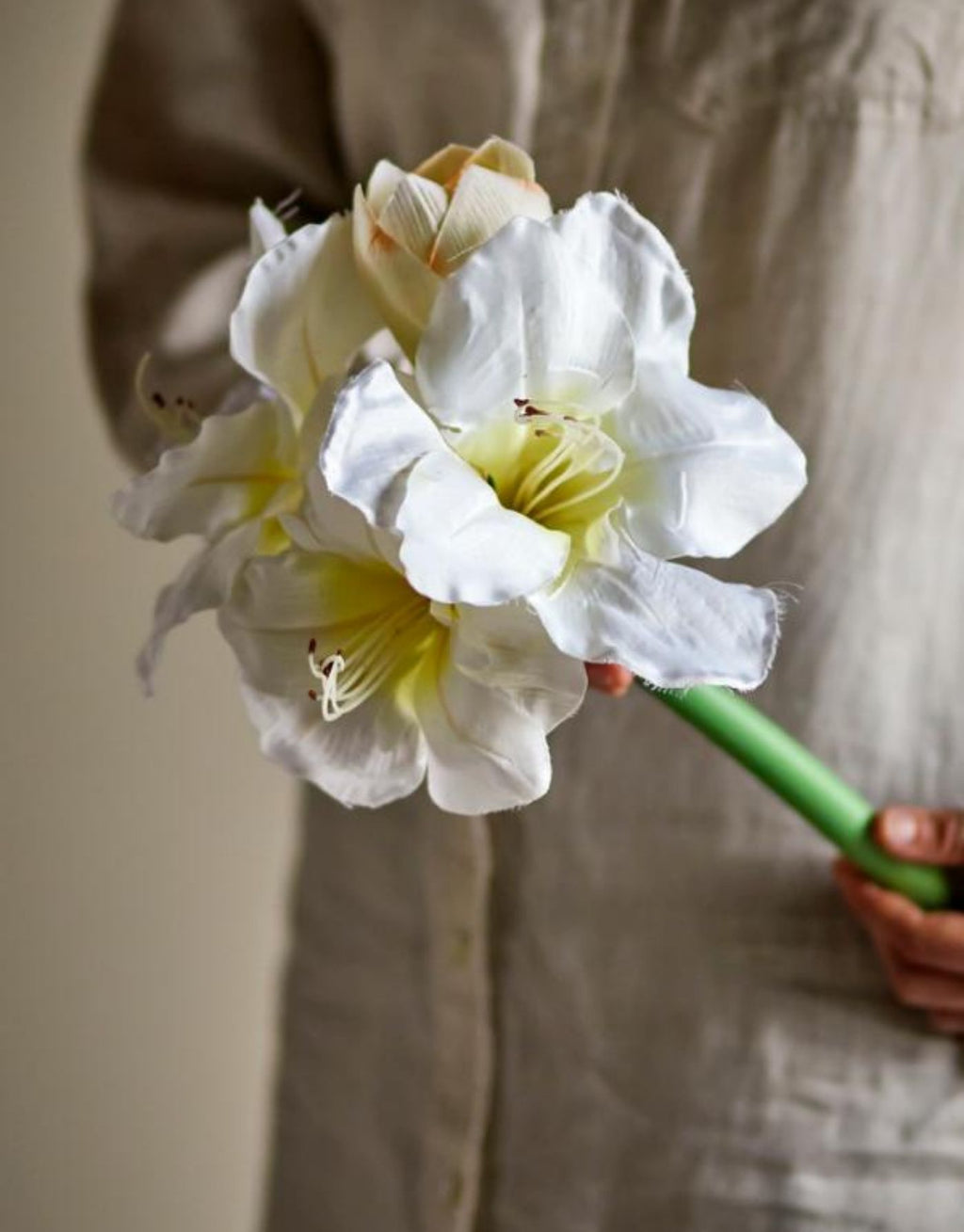 Künstlicher Amaryllis Stiel von Bloomingville mit großen weißen Blüten und langem grünem Stiel, 74 cm hoch.