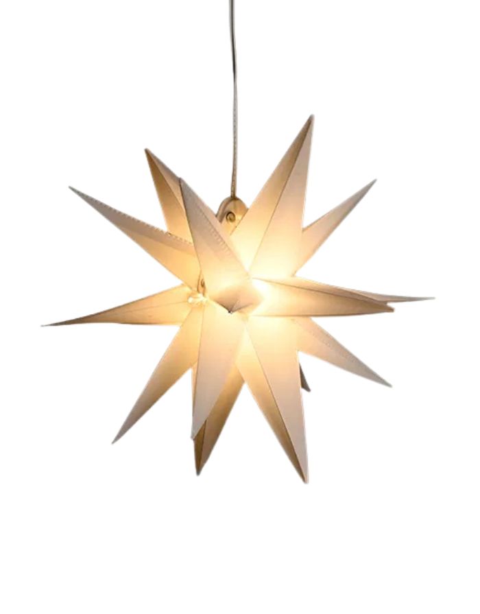 Weißer LED Stern mit 18 Spitzen von Det Gamle Apotek, ø25cm, mit Timerfunktion, batteriebetrieben.