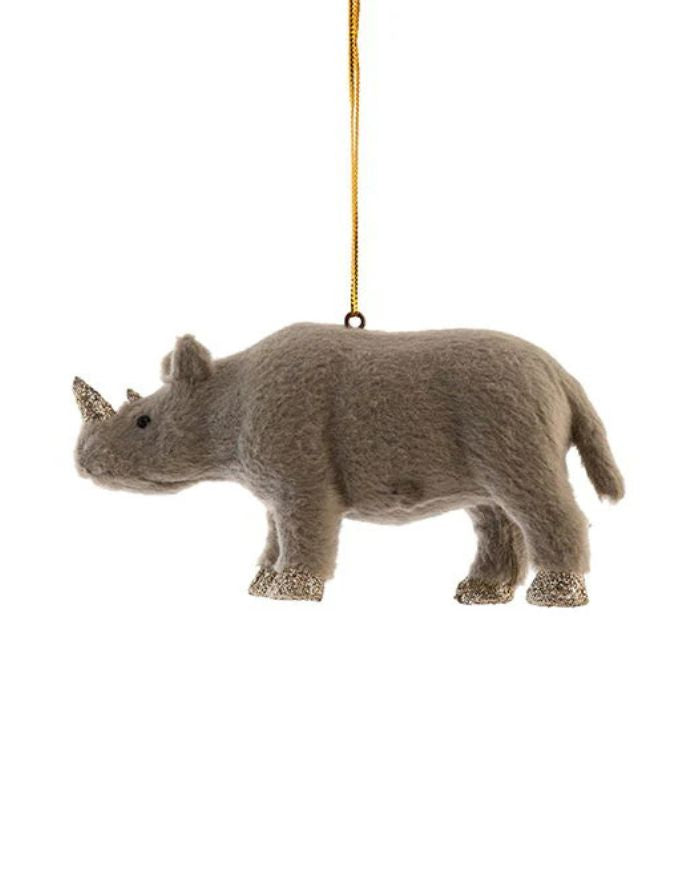Weihnachtsbaumanhänger Nashorn von Det Gamle Apotek – graues Nashorn aus PE mit zarten Glitzerdetails zum Aufhängen.