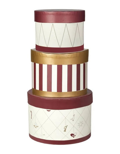 Weihnachts Geschenkboxen 3er Set Small von Speedtsberg in Rot, Offwhite und Gold, aus Karton, bedruckt mit Streifen-, Harlekin- und Weihnachtsmotiven, ideal zur Aufbewahrung oder Dekoration
