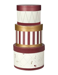 Weihnachts Geschenkboxen 3er Set Small von Speedtsberg in Rot, Offwhite und Gold, aus Karton, bedruckt mit Streifen-, Harlekin- und Weihnachtsmotiven, ideal zur Aufbewahrung oder Dekoration