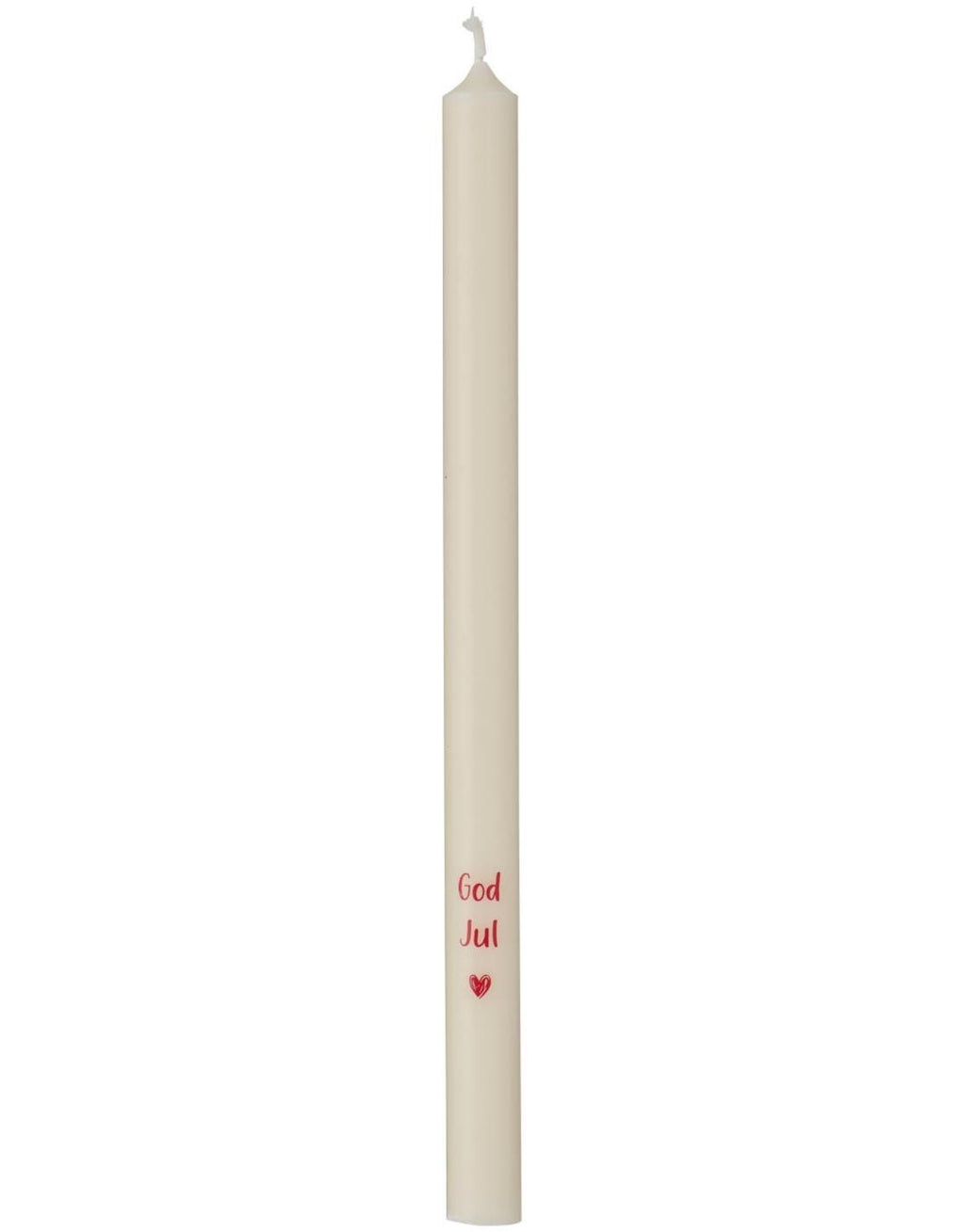 Schlanke weiße God Jul Stabkerze von Ib Laursen mit rotem Weihnachtsschriftzug und kleinem Herz, 20 cm hoch und 1,3 cm im Durchmesser.