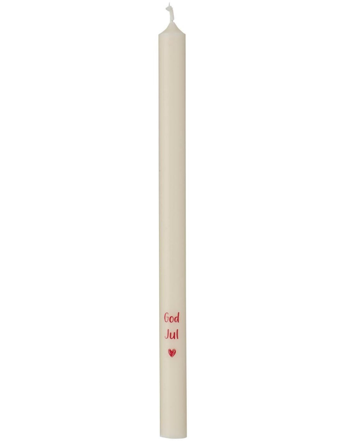 Schlanke weiße God Jul Stabkerze von Ib Laursen mit rotem Weihnachtsschriftzug und kleinem Herz, 20 cm hoch und 1,3 cm im Durchmesser.