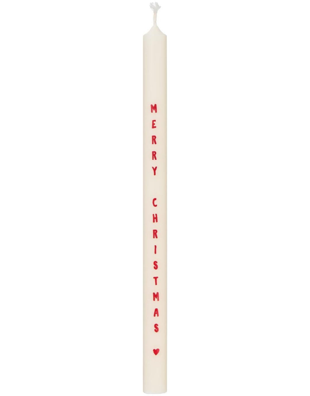 Schlanke weiße Merry Christmas  Stabkerze von Ib Laursen mit rotem Weihnachtsschriftzug und kleinem Herz, 20 cm hoch und 1,3 cm im Durchmesser.