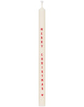 Schlanke weiße Merry Christmas  Stabkerze von Ib Laursen mit rotem Weihnachtsschriftzug und kleinem Herz, 20 cm hoch und 1,3 cm im Durchmesser.