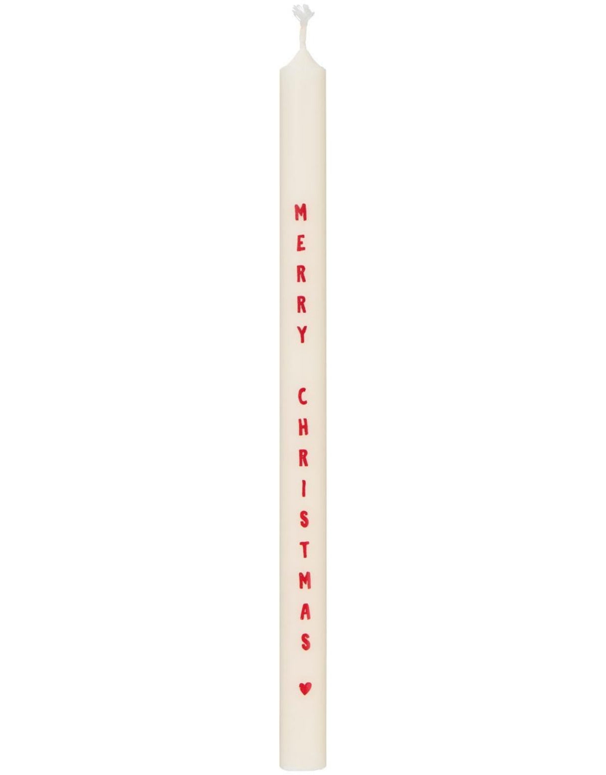 Schlanke weiße Merry Christmas  Stabkerze von Ib Laursen mit rotem Weihnachtsschriftzug und kleinem Herz, 20 cm hoch und 1,3 cm im Durchmesser.