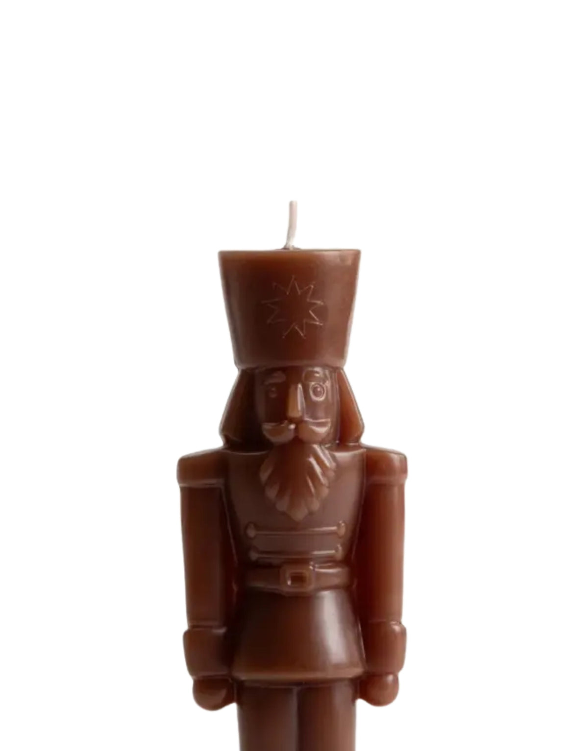 Dekokerze Nutcracker von HOMLA in Schokoladenbraun, 18,5 cm hohe Weihnachtskerze aus Paraffin in klassischer Nussknackerform mit nostalgischem und festlichem Design.