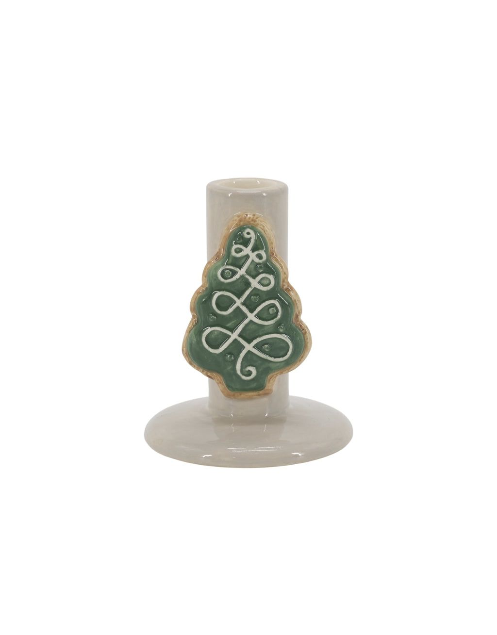 Cremefarbener Kerzenständer mit Weihnachtsbaum von Chic Antique aus handbemaltem Dolomit, 10 cm hoch.