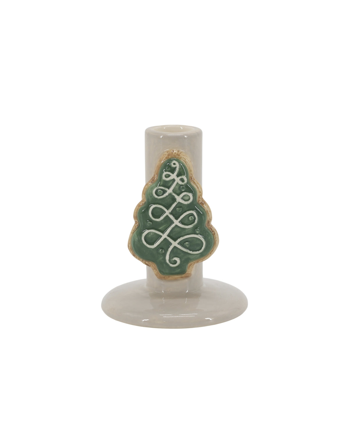 Cremefarbener Kerzenständer mit Weihnachtsbaum von Chic Antique aus handbemaltem Dolomit, 10 cm hoch.