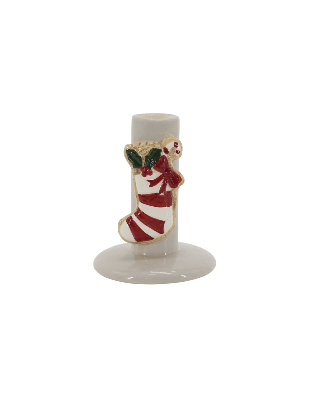 Cremefarbener Kerzenständer mit Weihnachtsstrumpf von Chic Antique aus handbemaltem Dolomit, 10 cm hoch.
