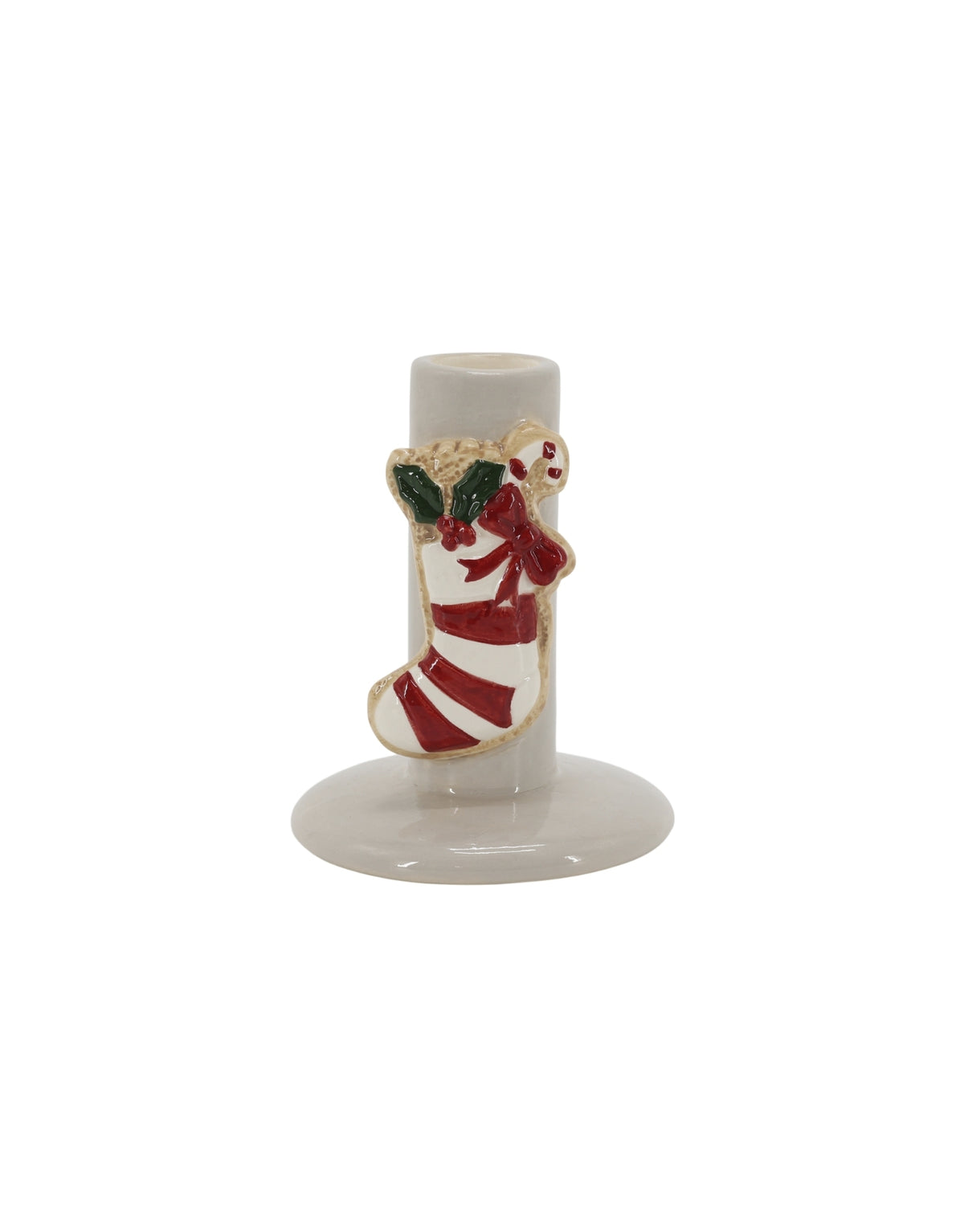 Cremefarbener Kerzenständer mit Weihnachtsstrumpf von Chic Antique aus handbemaltem Dolomit, 10 cm hoch.