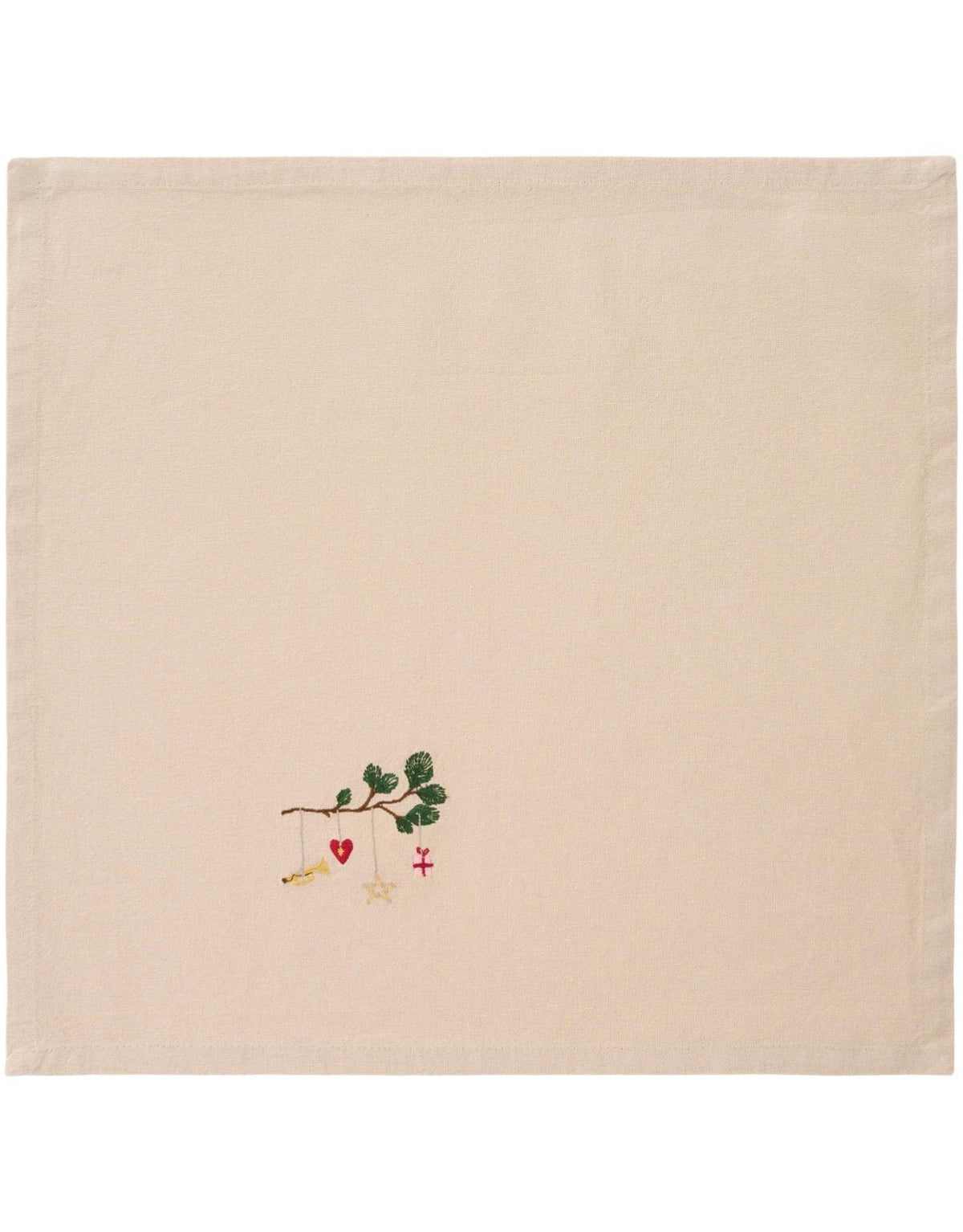 Leinenfarbene Stoffserviette Stillenat von Ib Laursen aus gewaschener Baumwolle mit feiner weihnachtlicher Stickerei in der Größe 40 × 40 cm.