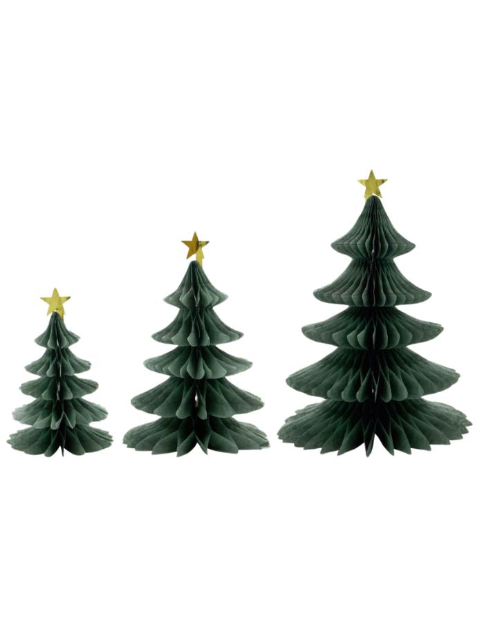 Papierbaum 3er Set Tree von House Doctor zum Hinstellen in Grün mit goldenem Stern als Spitze als Freisteller