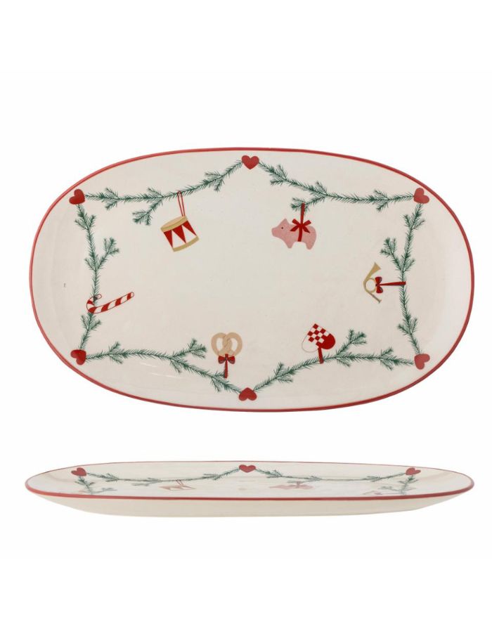 Bloomingville Servierplatte Yule aus Steingut – oval mit Weihnachtsmotiven
