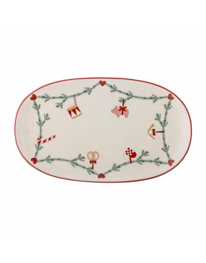 Bloomingville Servierplatte Yule aus Steingut – oval mit Weihnachtsmotiven