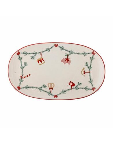 Bloomingville Servierplatte Yule aus Steingut – oval mit Weihnachtsmotiven