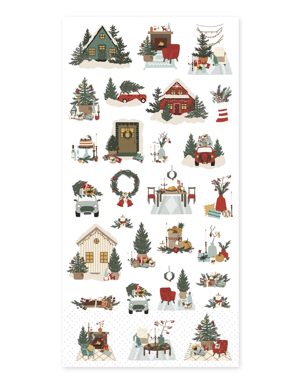 Weihnachtsservietten mit Weihnachtsmotiv von Chic Antique in Weiß, dekorative Papierservietten mit kleinen weihnachtlichen Illustrationen in Rot-, Grün- und Naturtönen, 20 x 10 cm, 16 Stück.