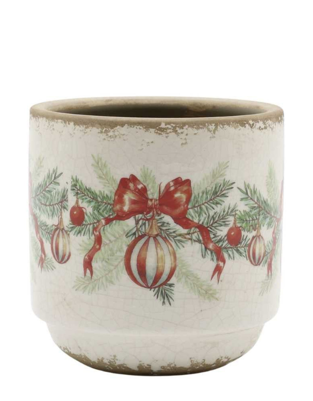 Übertopf Weihnachtskugel und Schleife von Chic Antique in Creme, dekorativer Blumentopf aus Steingut mit roten Schleifen, Weihnachtskugeln und Tannenzweigen im nostalgischen Vintage-Stil, 10 cm hoch.