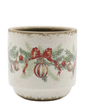 Übertopf Weihnachtskugel und Schleife von Chic Antique in Creme, dekorativer Blumentopf aus Steingut mit roten Schleifen, Weihnachtskugeln und Tannenzweigen im nostalgischen Vintage-Stil, 10 cm hoch.