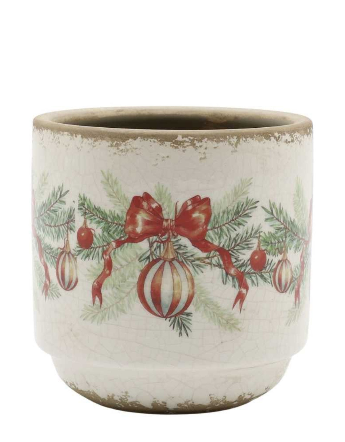 Übertopf Weihnachtskugel und Schleife von Chic Antique in Creme, dekorativer Blumentopf aus Steingut mit roten Schleifen, Weihnachtskugeln und Tannenzweigen im nostalgischen Vintage-Stil, 10 cm hoch.