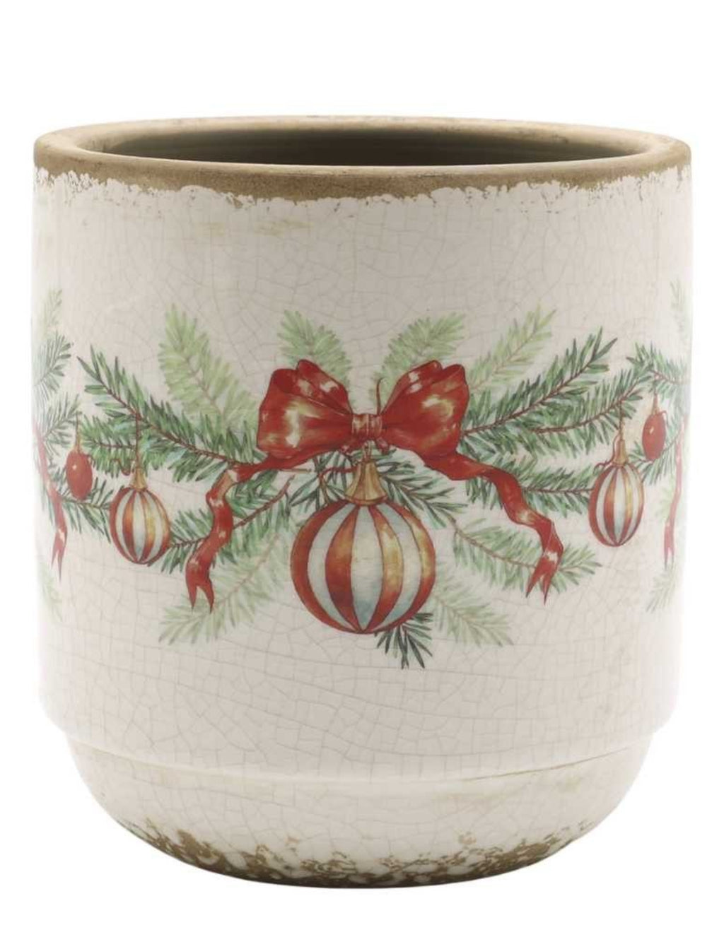 Übertopf Weihnachtskugel und Schleife von Chic Antique in Creme, dekorativer Blumentopf aus Steingut mit roten Schleifen, Weihnachtskugeln und Tannenzweigen im nostalgischen Vintage-Stil, 13,5 cm hoch.