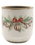 Übertopf Weihnachtskugel und Schleife von Chic Antique in Creme, dekorativer Blumentopf aus Steingut mit roten Schleifen, Weihnachtskugeln und Tannenzweigen im nostalgischen Vintage-Stil, 13,5 cm hoch.