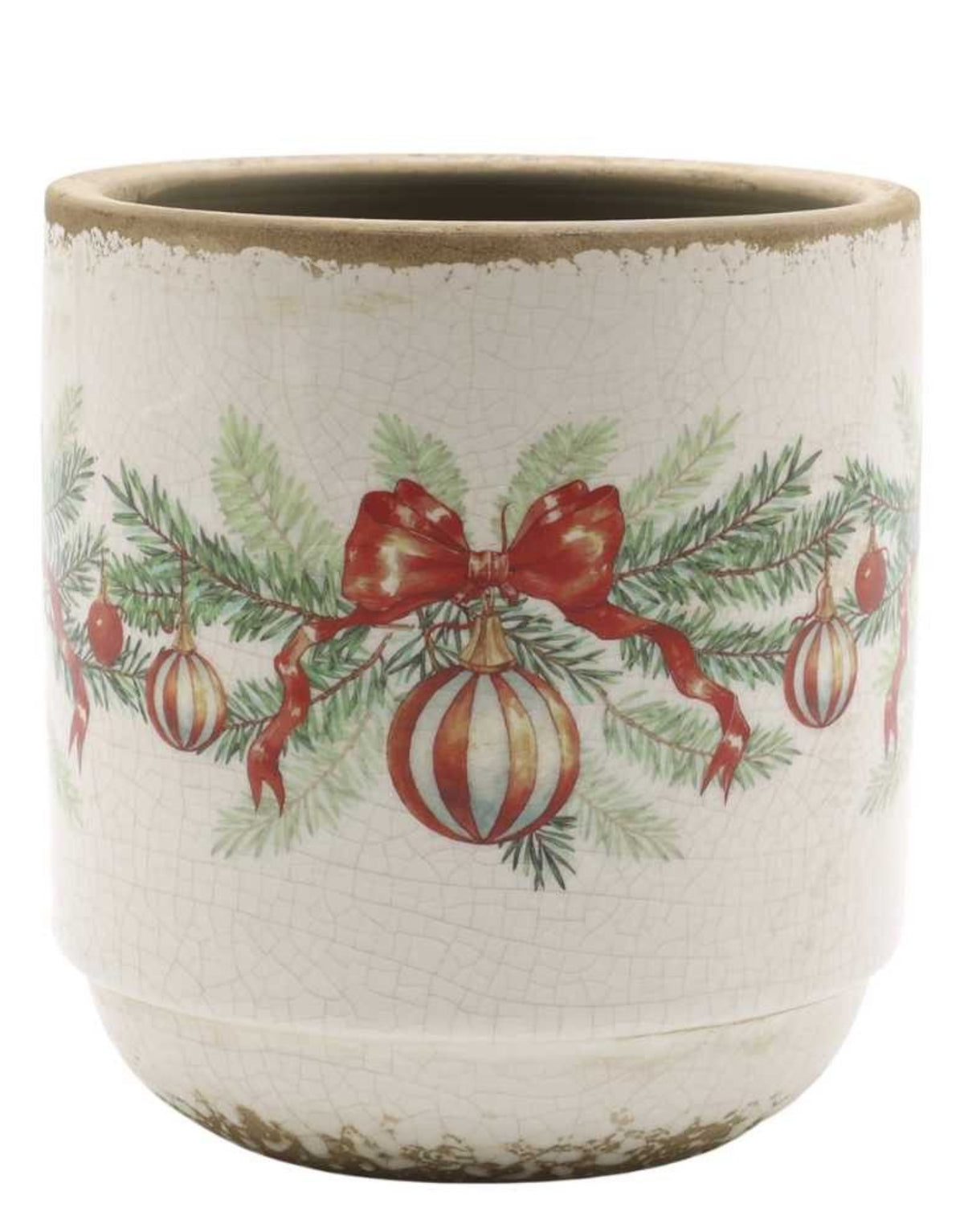 Übertopf Weihnachtskugel und Schleife von Chic Antique in Creme, dekorativer Blumentopf aus Steingut mit roten Schleifen, Weihnachtskugeln und Tannenzweigen im nostalgischen Vintage-Stil, 13,5 cm hoch.