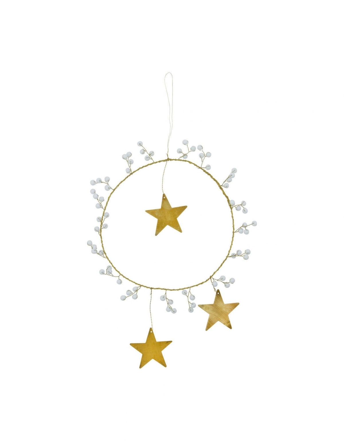  Handgefertigtes Weihnachtsornament von House Doctor als runder Kranz aus Messing mit weißen Glasperlen und drei Sternen als Freisteller