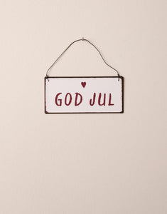 Rechteckiges Metallschild mit der Aufschrift „God Jul“ im skandinavischen Stil, 7x15 cm.