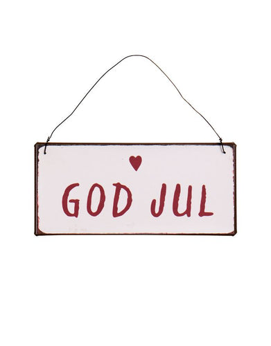 Rechteckiges Metallschild mit der Aufschrift „God Jul“ im skandinavischen Stil, 7x15 cm.